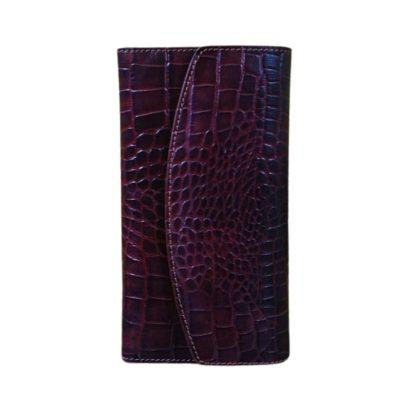 "Women’s burgundy crocodile-pattern leather long wallet with curved flap design, premium textured finish."