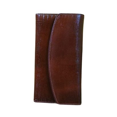 "Women’s dark brown lizard-embossed leather long wallet with curved flap and textured finish."