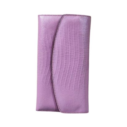 "Women’s lavender lizard-embossed leather long wallet with curved flap and textured finish."
