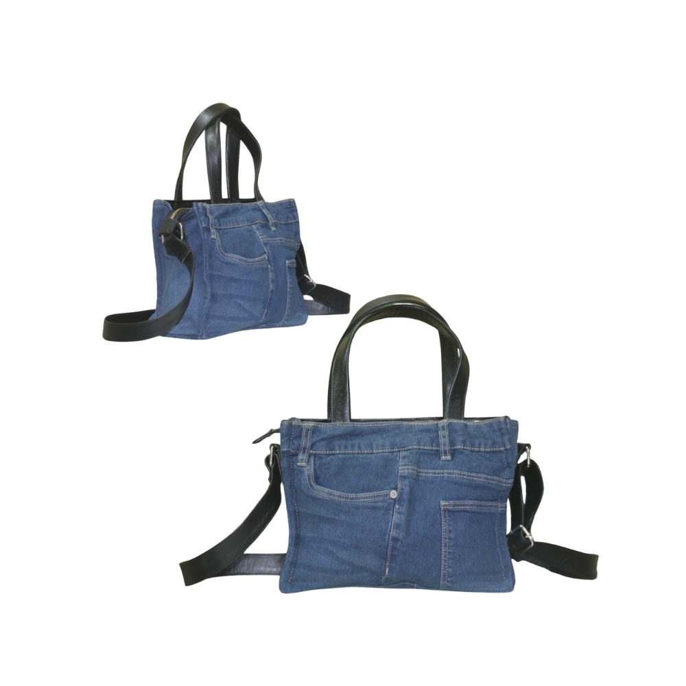Stylish denim and leather handbag for women with black leather handles, handmade in Bangladesh