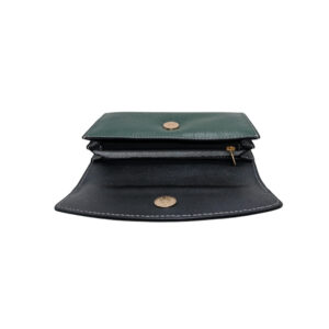 Interior view of genuine leather ladies long wallet showing multiple compartments and zip pocket