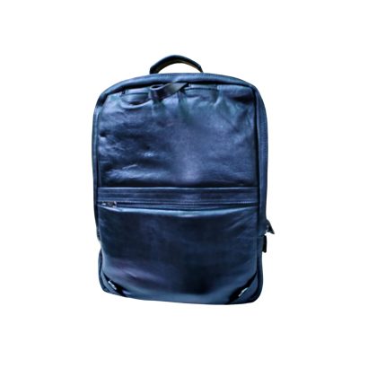 Front view of black genuine leather men’s backpack with zipper pocket