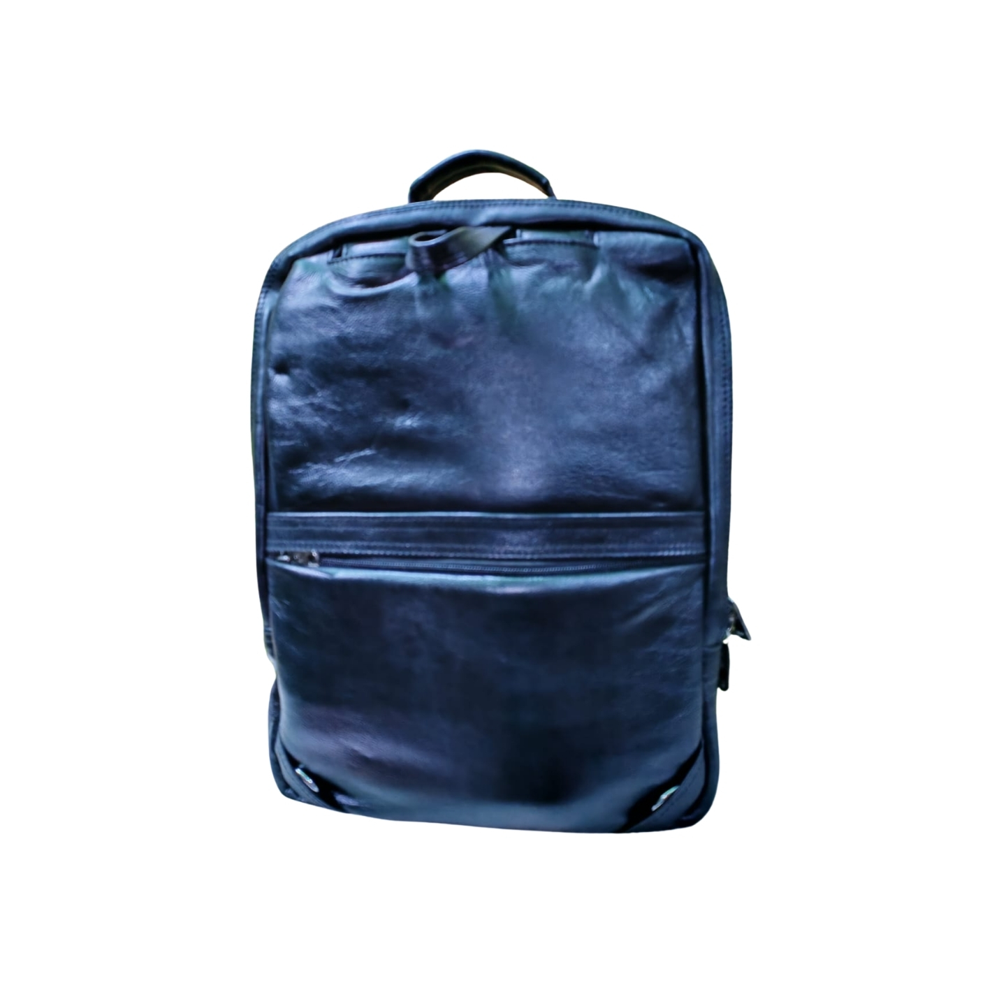 Front view of black genuine leather men’s backpack with zipper pocket