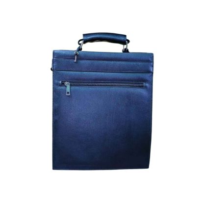 Back view of black genuine leather office bag with top handle and zipper pocket