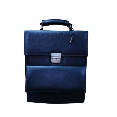 Black genuine leather men’s office bag with top handle and metal lock