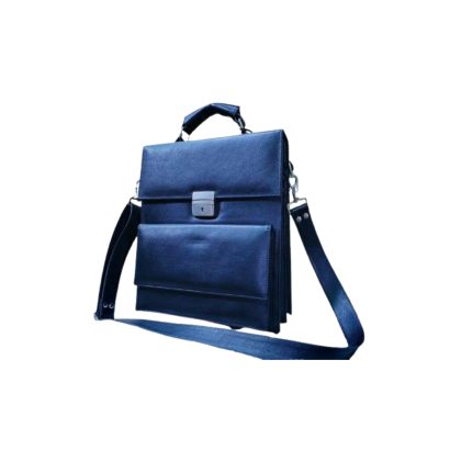 Black genuine leather men’s office bag with shoulder strap and metal lock