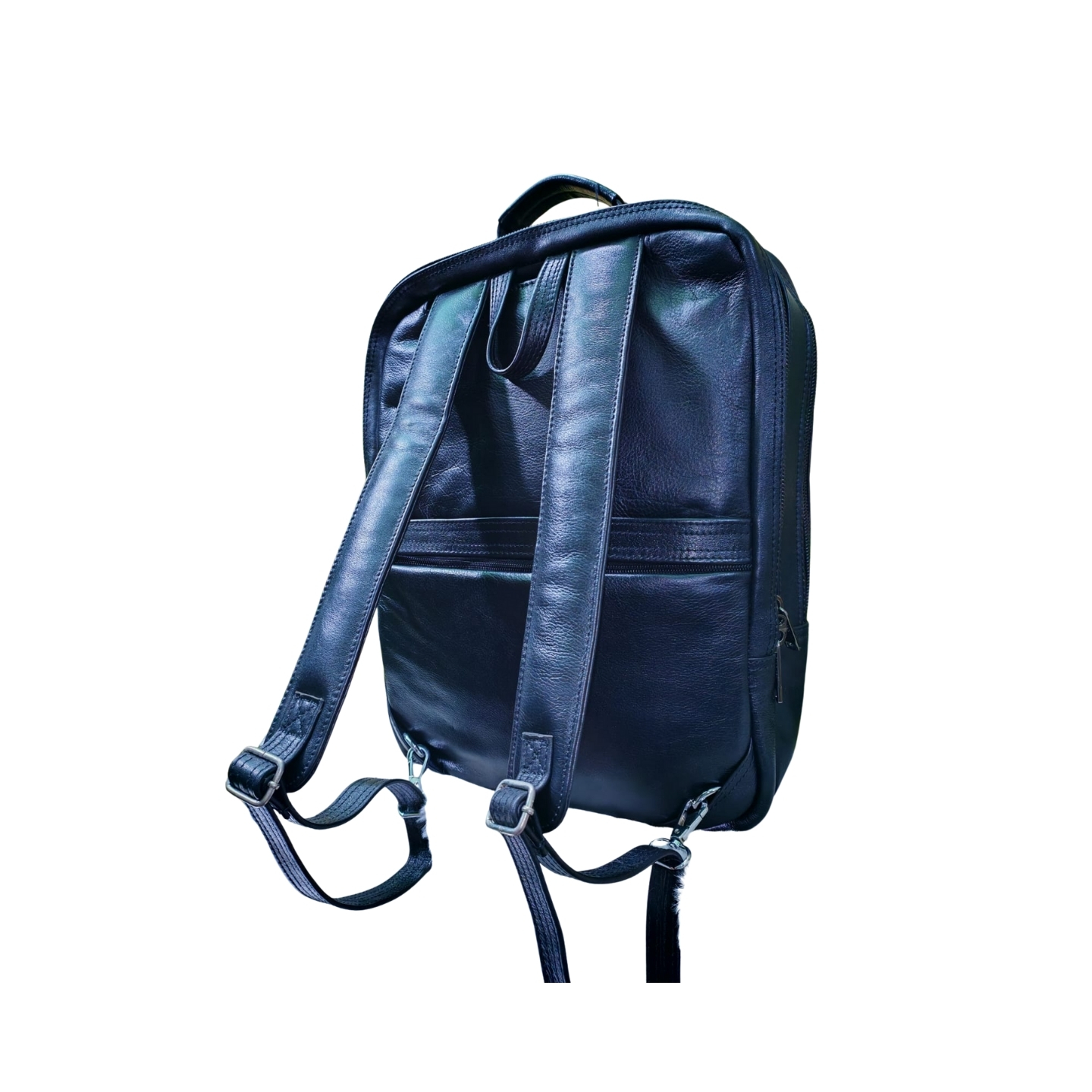 Black genuine leather men’s backpack with triple zipper compartments and sleek side design