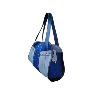 Premium black leather & denim handbag for women, handcrafted in Bangladesh for everyday use