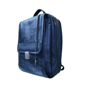 Black genuine leather laptop backpack for men with multi-zip compartments and front lock pocket