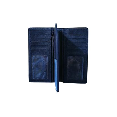 Interior of a black leather long wallet featuring blue denim lining, multiple card slots, a zipper divider, and two ID windows.