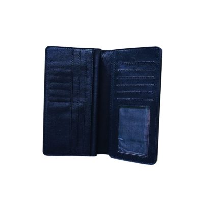 Interior of a black leather long wallet featuring denim lining, multiple card slots, stitched compartments, and a clear ID window.