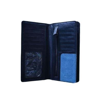 Black Leather Long Wallet With Denim Interior – Zipper Pocket & Card Slots