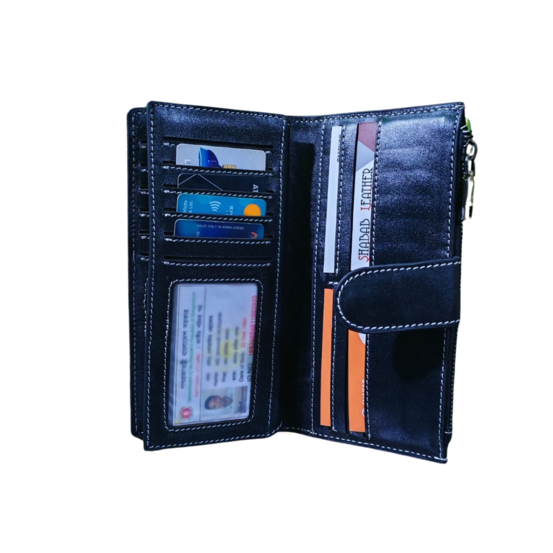Open black genuine leather long wallet showing multiple card slots, ID window, cash compartments, and side zip pocket on a white background.