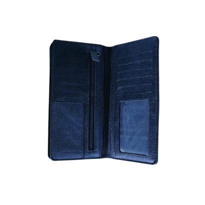 Interior view of a black leather long wallet featuring a zipper pocket, multiple card slots, and an ID window.