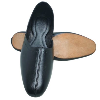 "Black leather men’s traditional slip-on shoe with cushioned insole and durable soft leather sole, handcrafted in Bangladesh."