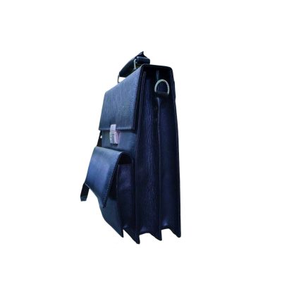 Side view of black genuine leather office bag with multiple compartments