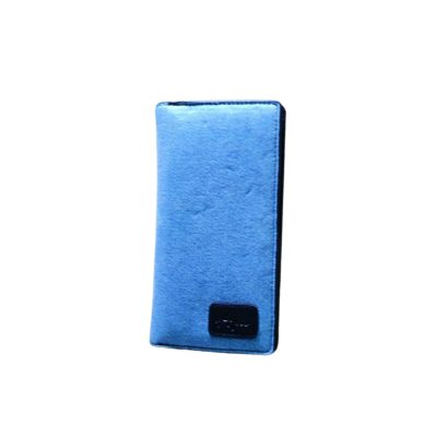 Front view of a blue denim long wallet featuring a black leather combination patch at the bottom.