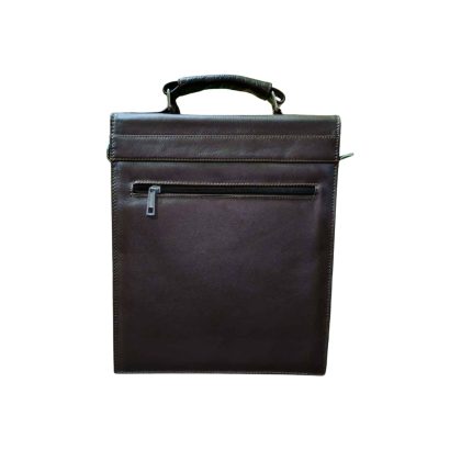 Back view of brown genuine leather office bag with top handle and zipper pocket