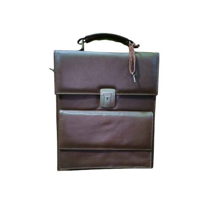 Brown genuine leather men’s office bag with top handle and metal lock