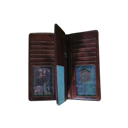 Men’s brown leather and denim long wallet with multiple card slots and dual ID windows