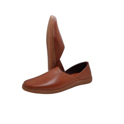 Side view of brown genuine leather ladies slip-on nagra shoes with flexible sole – made in Bangladesh