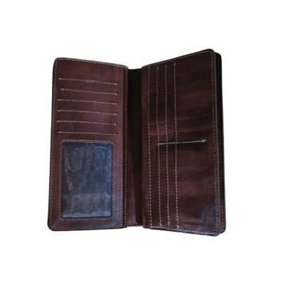 Interior of a brown leather long wallet featuring denim fabric lining, multiple card slots, stitched compartments, and an ID window.