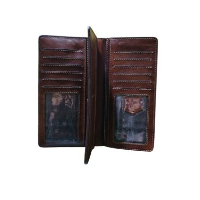 Interior view of a brown leather long wallet featuring multiple card slots and dual ID windows for organized storage.