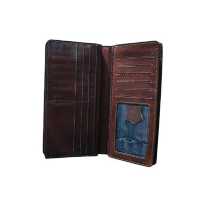 Interior view of a brown leather long wallet featuring multiple card slots, cash compartments, and an ID window.
