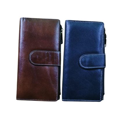 Front view of two men’s genuine leather long wallets in brown and black, featuring flap closure and side zip pocket on a white background.