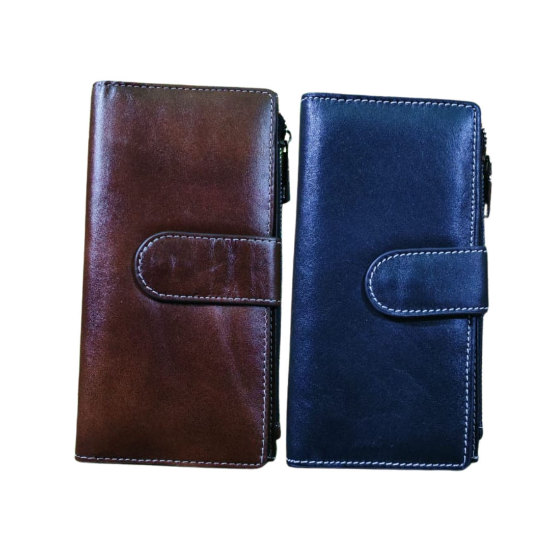 Front view of two men’s genuine leather long wallets in brown and black, featuring flap closure and side zip pocket on a white background.