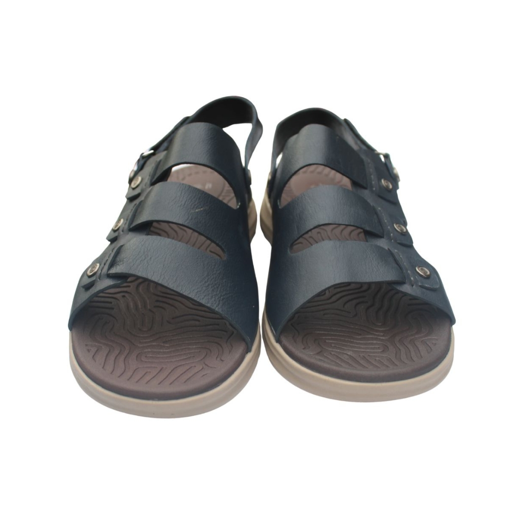 Men’s navy leather sandal with soft cushioned sole, front view, handcrafted in Bangladesh.