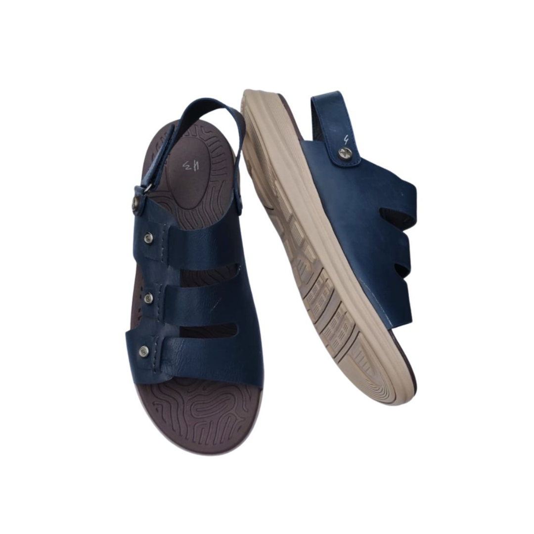 Men’s navy leather sandal with soft cushioned sole shown in top and side view, handcrafted in Bangladesh.