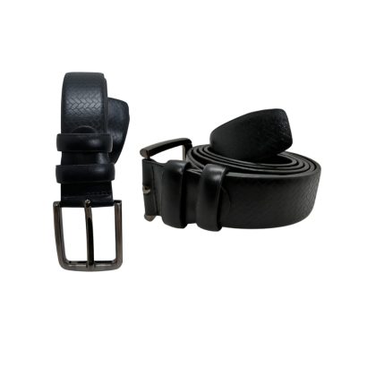 Premium black genuine leather men’s belt with classic metal buckle, rolled and straight view