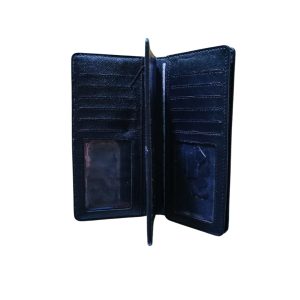 Interior view of a black leather long wallet featuring multiple card slots, ID windows, and spacious compartments.