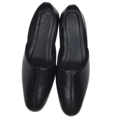 "Premium black leather men's traditional Peshawari-style shoe with cushioned insole, handcrafted in Bangladesh."