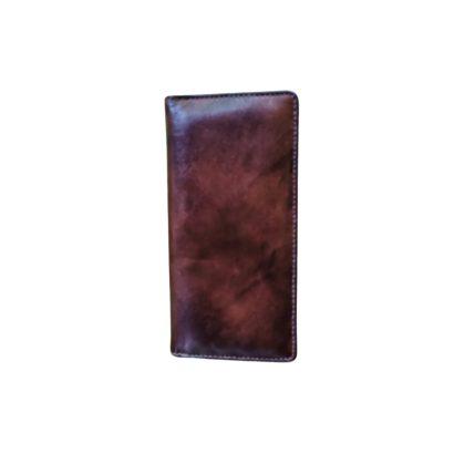 Front view of a premium brown vintage-style leather long wallet with a smooth, polished exterior.