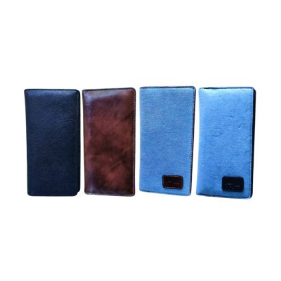 Four stylish men’s long wallets in leather and denim—black leather, brown leather, and two blue denim wallets placed side by side.