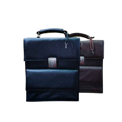 Black and brown genuine leather office bags for men with top handle and metal lock