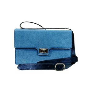 Elegant blue denim crossbody bag for women by Shabab Leather with metal lock and adjustable strap