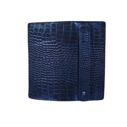 Front and back side view of a black crocodile-texture genuine leather gents wallet with button strap.