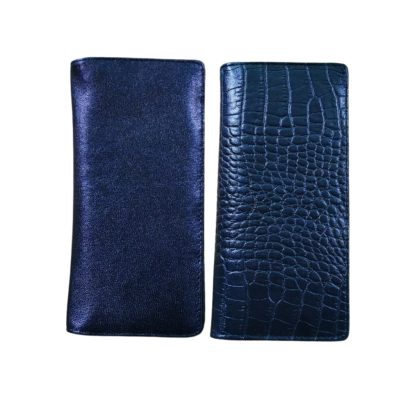 Front side of black leather gents wallets showing smooth leather finish and crocodile texture design.