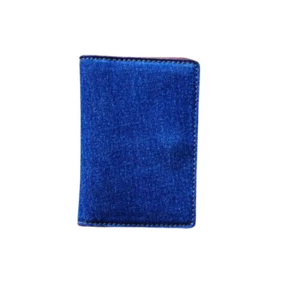 Blue fabric-texture leather men's wallet with clean stitched edges.
