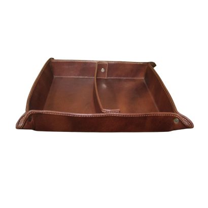 Brown leather valet tray with two compartments for organizing everyday items.