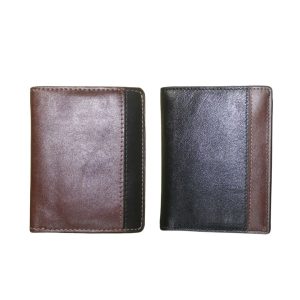 Two dual-tone men’s leather wallets in brown and black with premium stitching and smooth finish.
