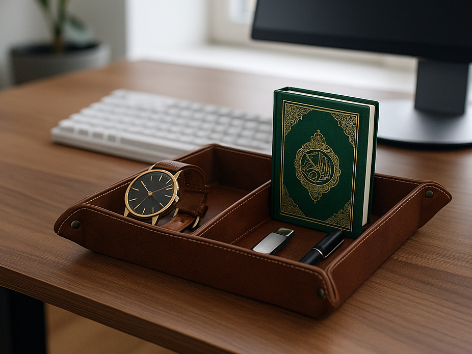 Leather desk organizer tray holding a wristwatch, a green Islamic book, pen, and USB drive on a wooden office desk.