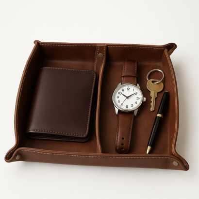 Brown leather valet tray holding a wallet, wristwatch, keys, and pen arranged neatly.