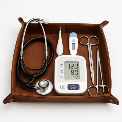 A digital blood pressure monitor, stethoscope, thermometers, and surgical tools organized in a brown leather tray.