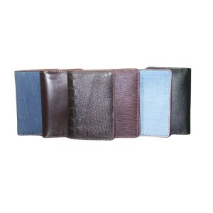 Variety of men’s wallets including smooth leather, crocodile pattern, textured leather, and denim material.