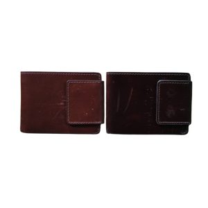 Two brown leather gents wallets with magnetic flap closure placed side by side on a white background