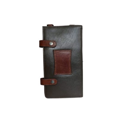 Black and brown genuine leather messenger bag with wallet organizer, snap straps, and compact crossbody design by Shabab Leather